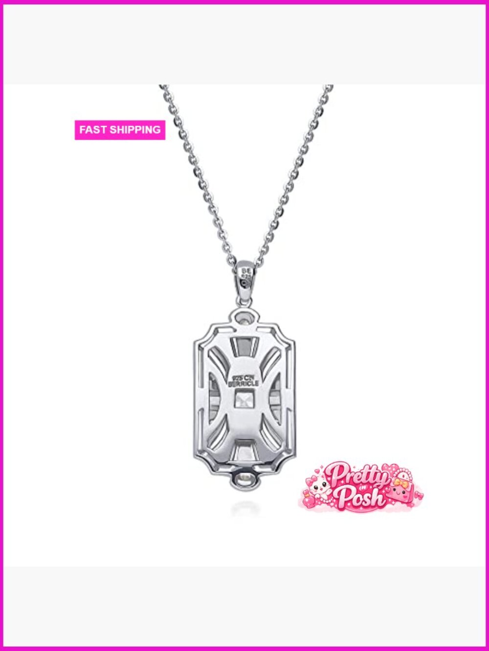 Sterling Silver Art Deco Milgrain Pendant Necklace Cubic Zirconia 18 inch - Picture 4 of 7